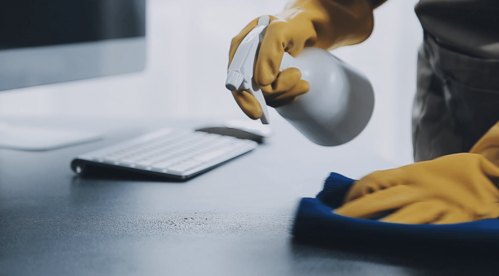 Agent d'une société de nettoyage désinfectant minutieusement un poste de travail et un bureau à l'aide d'un spray et d'un chiffon.